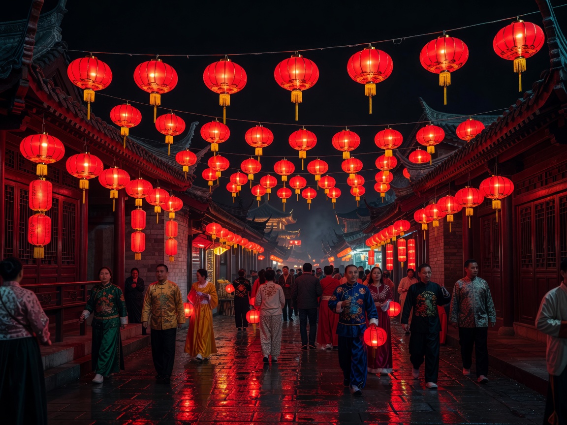 Glowing red lanterns illuminating a traditional Chinese festival at night