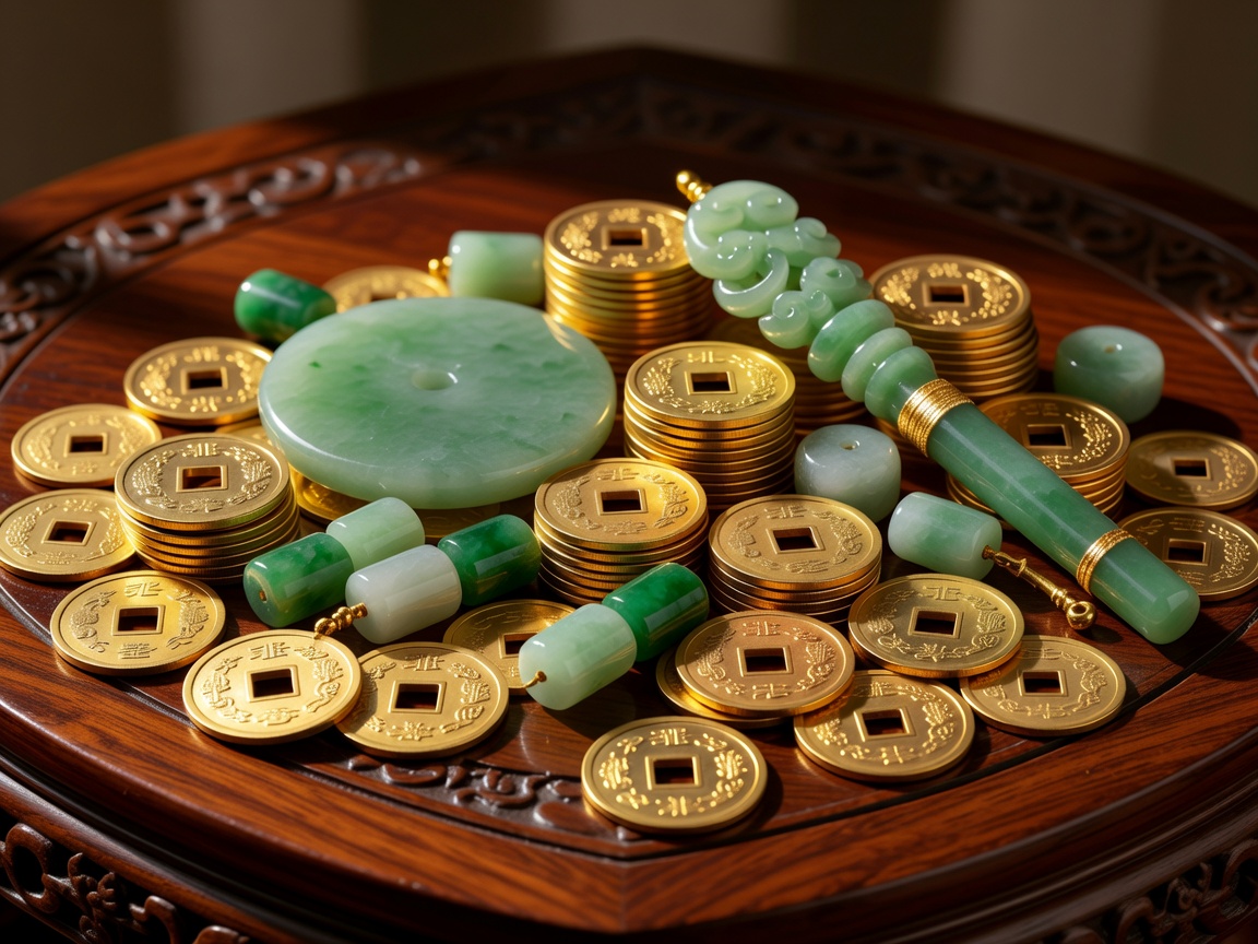 Golden coins and traditional Chinese jade artifacts representing wealth