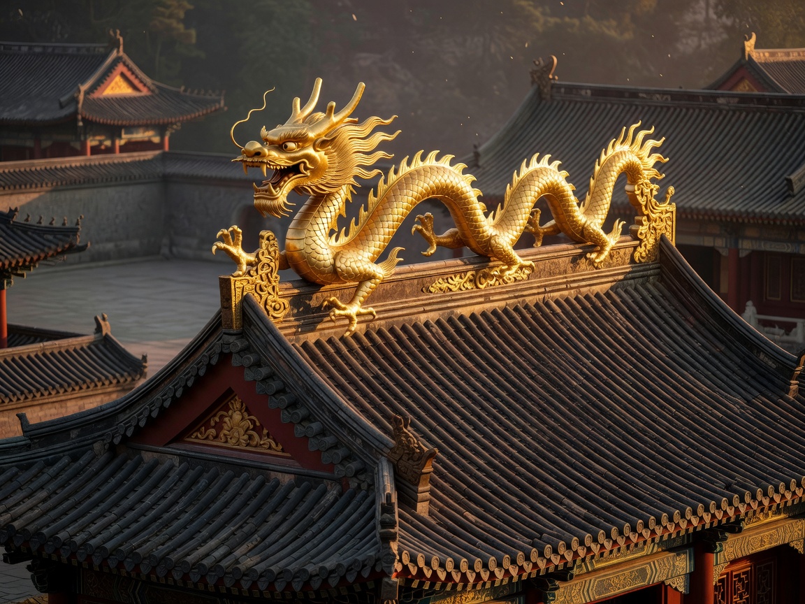 Intricate golden dragon architecture on a traditional Chinese temple roof